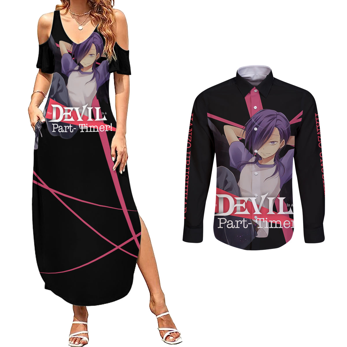 Hanzo Urushihara The Devil Part Timer Couples Matching Summer Maxi Dress and Long Sleeve Button Shirt Anime Style