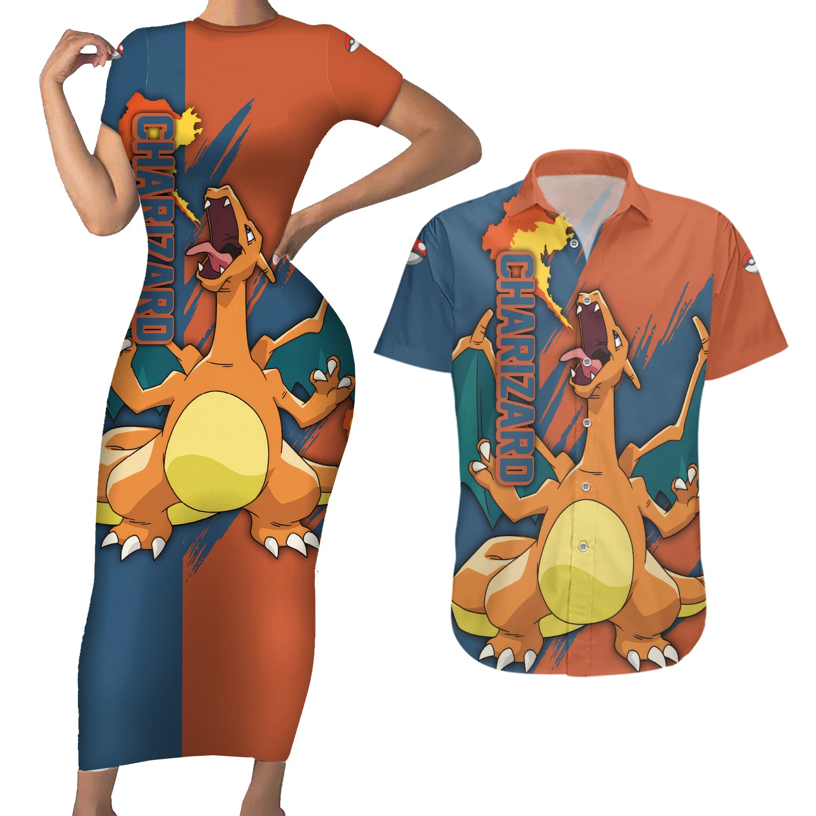 Charizard Pokemon Anime Couples Matching Short Sleeve Bodycon Dress and Hawaiian Shirt