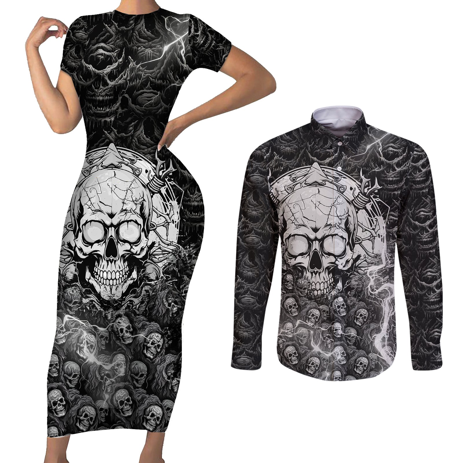 skull-couples-matching-short-sleeve-bodycon-dress-and-long-sleeve-button-shirts-your-demons-hide-under-your-bed-mine-hide-inside-my-head
