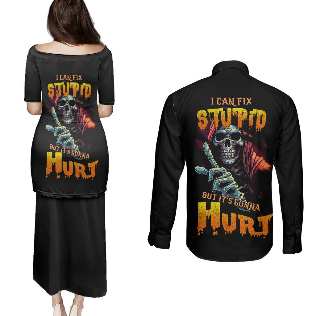 reaper-skull-couples-matching-puletasi-dress-and-long-sleeve-button-shirts-i-can-fix-stupid-but-its-gonna-hurt