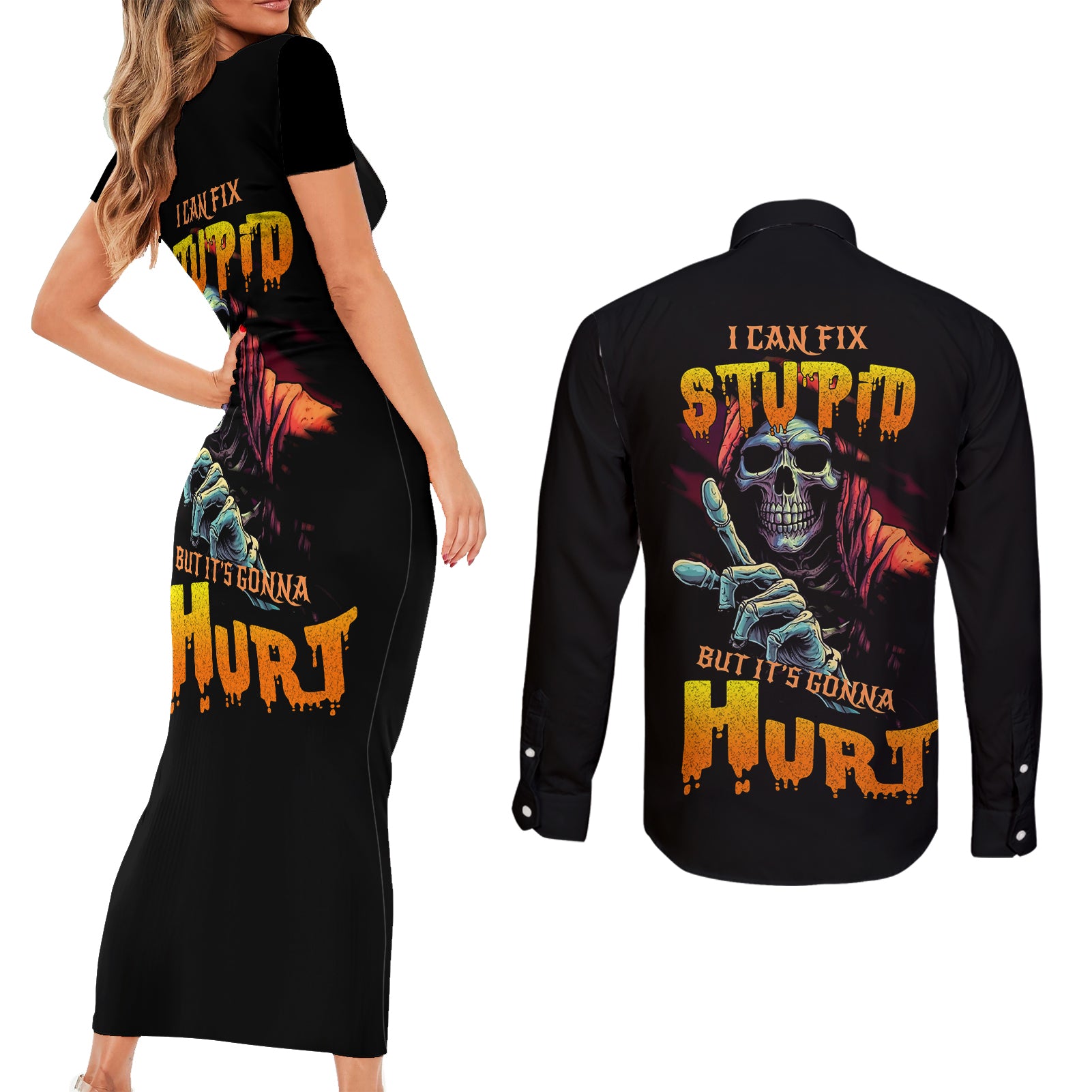 reaper-skull-couples-matching-short-sleeve-bodycon-dress-and-long-sleeve-button-shirts-i-can-fix-stupid-but-its-gonna-hurt