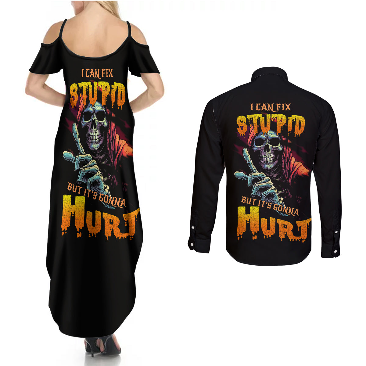 reaper-skull-couples-matching-summer-maxi-dress-and-long-sleeve-button-shirts-i-can-fix-stupid-but-its-gonna-hurt