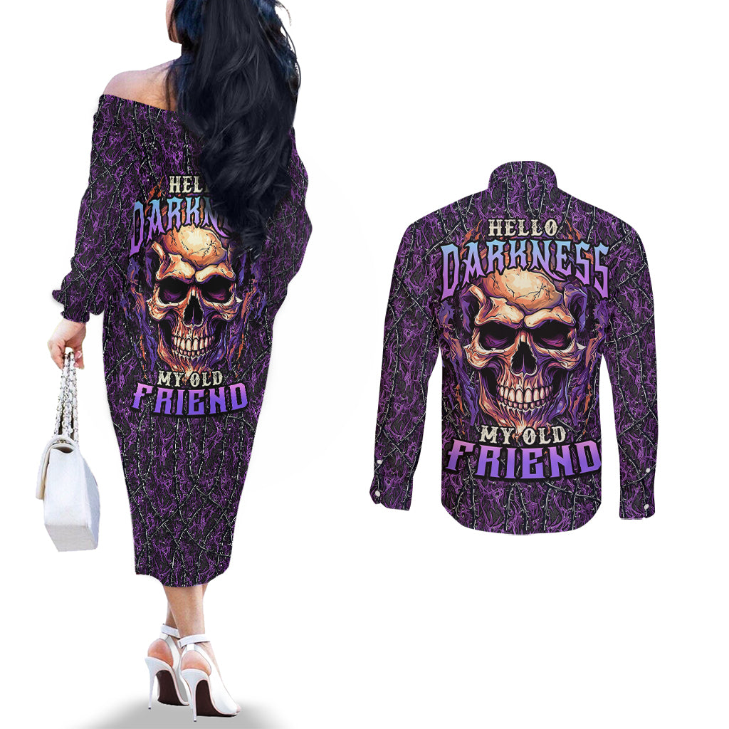 skull-couples-matching-off-the-shoulder-long-sleeve-dress-and-long-sleeve-button-shirts-hello-darkness-my-old-friend-horror-seamless-pattern-purple