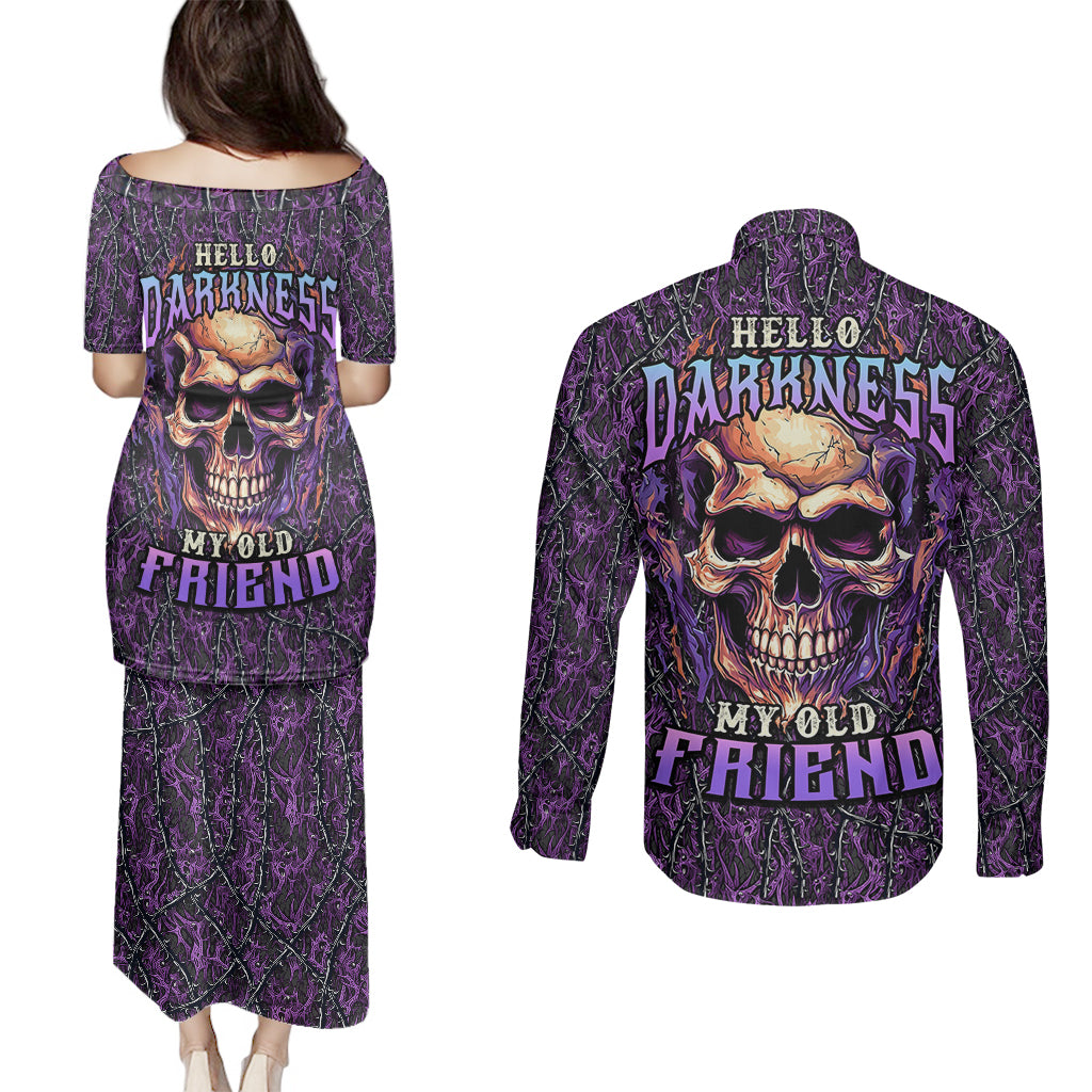 skull-couples-matching-puletasi-dress-and-long-sleeve-button-shirts-hello-darkness-my-old-friend-horror-seamless-pattern-purple