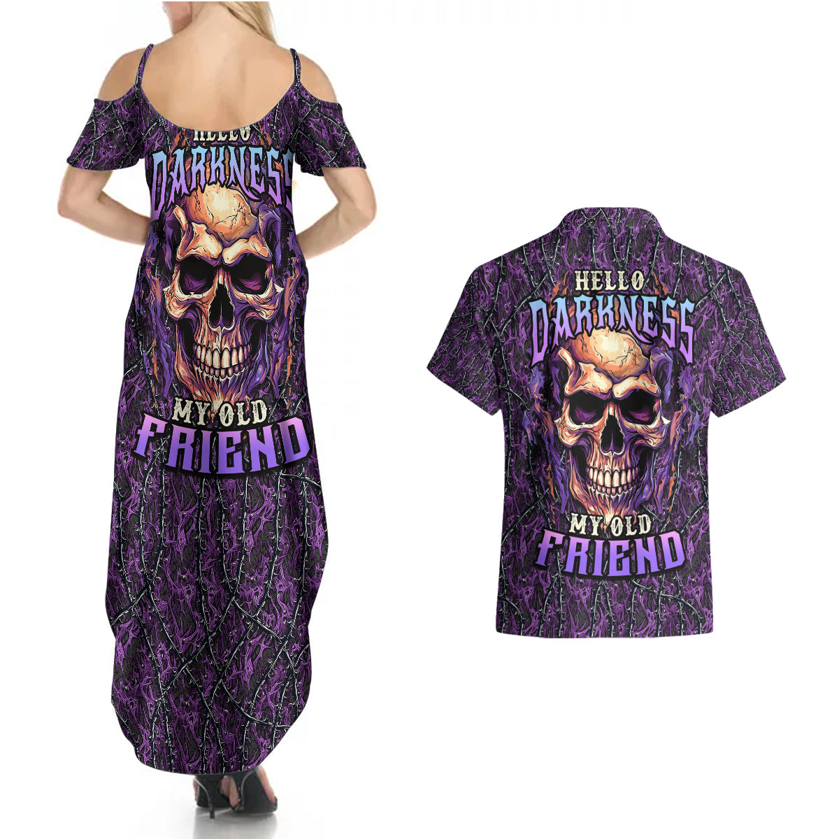 skull-couples-matching-summer-maxi-dress-and-hawaiian-shirt-hello-darkness-my-old-friend-horror-seamless-pattern-purple