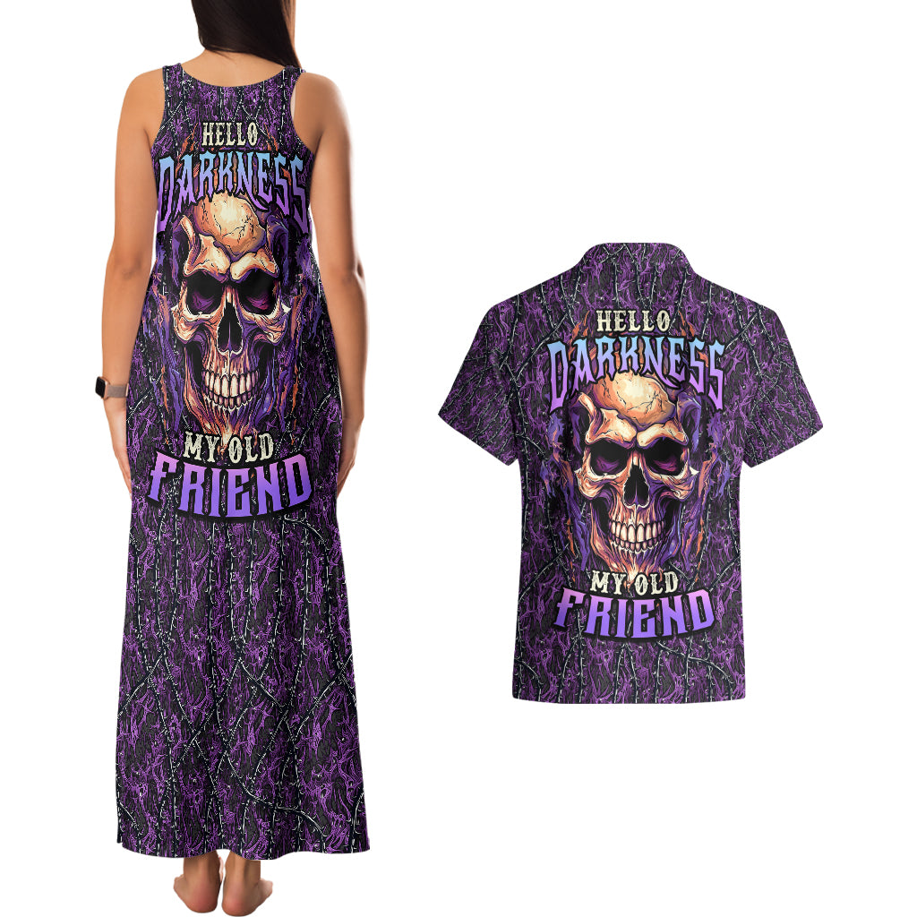 skull-couples-matching-tank-maxi-dress-and-hawaiian-shirt-hello-darkness-my-old-friend-horror-seamless-pattern-purple