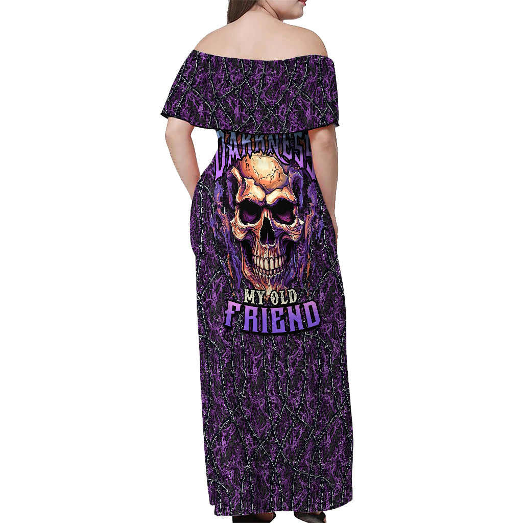 skull-off-shoulder-maxi-dress-hello-darkness-my-old-friend-horror-seamless-pattern-purple