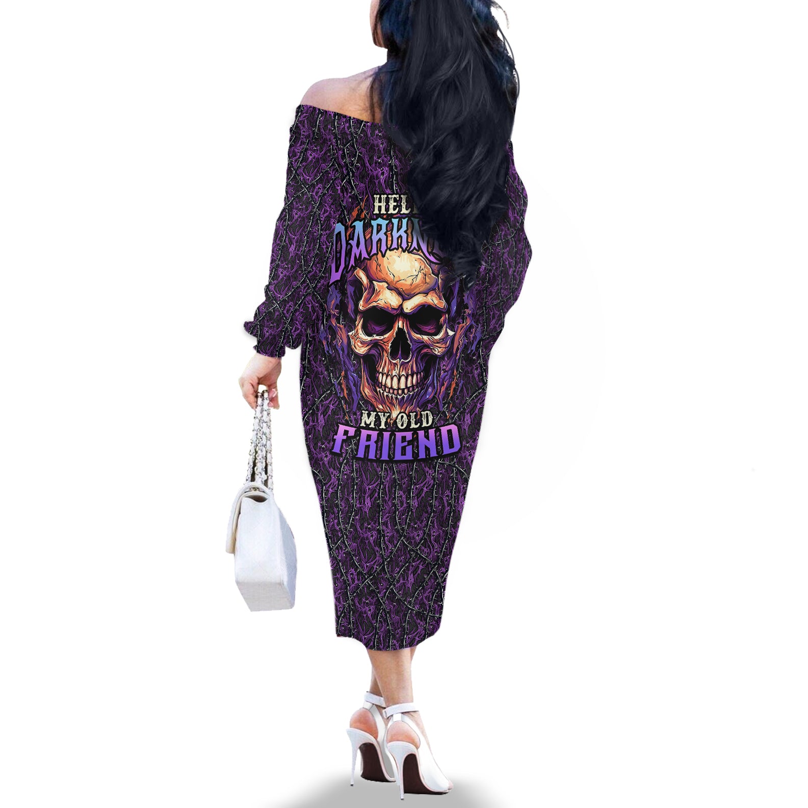 skull-off-the-shoulder-long-sleeve-dress-hello-darkness-my-old-friend-horror-seamless-pattern-purple