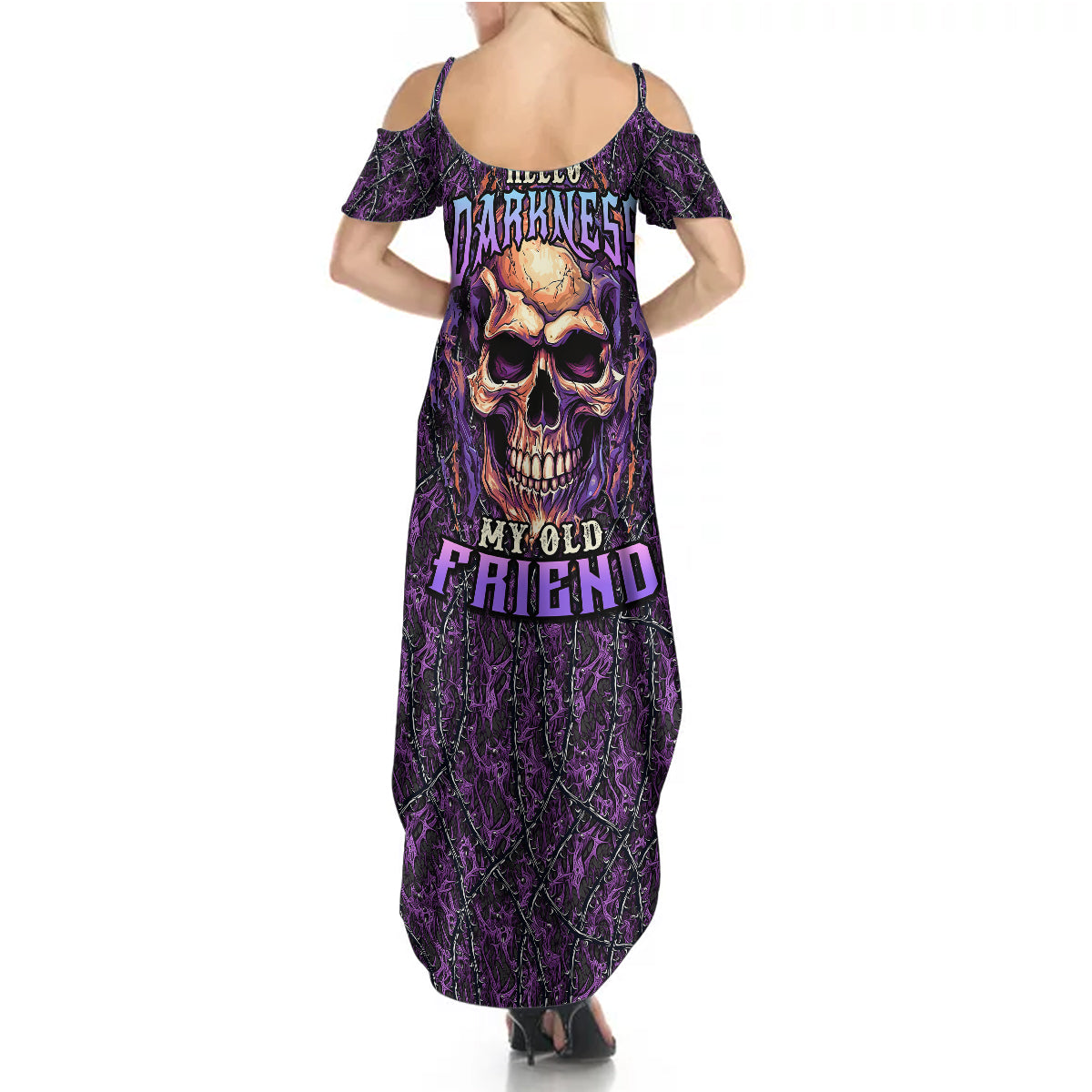 skull-summer-maxi-dress-hello-darkness-my-old-friend-horror-seamless-pattern-purple